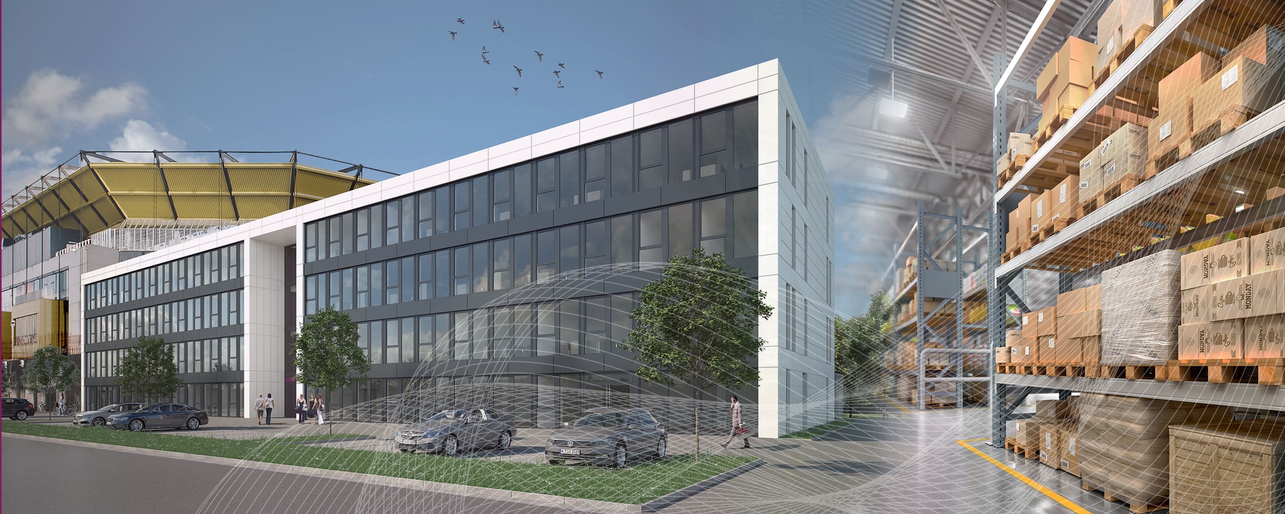 Modernes Bürogebäude und Lagerhaus